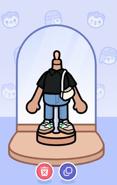 a cartoon character standing in front of a glass display case with buttons on the bottom