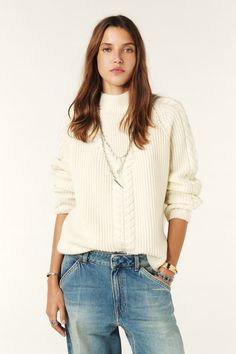 - Straight cut sweater- Long raglan sleeves- Braided front and sleeves- Cable stitch on the front- V-shaped funnel neck for an overlapping top look- Super comfortable texture- Made in Italy Georgia May Jagger, Denim Sweatshirt, High Neck Jumper, Fitted Jumper, Cable Stitch, Jumper Shirt, Collar Sweater, Denim Coat, Short Jumpsuit