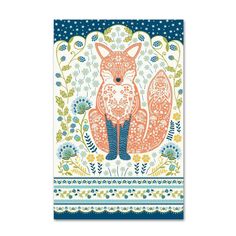 an orange fox sitting on top of a blue and white background with floral border around it