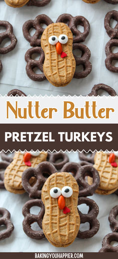 nutter butter pretzel turkeys with pretzels in the background