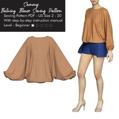 "Revamp your wardrobe with our latest Batwing Blouse Top Sewing Pattern - a unique and trendy design perfect for all occasions. This simple blouse sewing pattern offers step-by-step instructions, making it ideal for beginners. The long sleeve blouse pattern adds a touch of elegance, while the bat wing feature keeps it on-trend. Versatile for pairing with skirts or creating a chic summer look, this blouse stitch pattern ensures a stylish and comfortable fit. Elevate your fashion game with this distinctive and beginner-friendly blouse pattern. WHAT DOES THE PROJECT CONTAIN? The project includes easy downloadable PDF patterns of the design, along with step-by-step instructions on assembly and construction of the garment.  The files will be accessible to you as soon as you make the purchase. Basic Blouse Pattern, Stylish Sewing Patterns, Basic Blouse, Blouse Sewing, Batwing Blouse, Basic Blouses, Batwing Top, Top Sewing, Pattern Simple