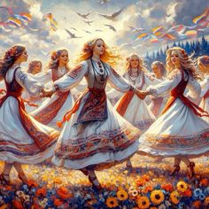 a painting of four women dancing in a field full of sunflowers with birds flying overhead