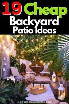 the cover of 19 cheap backyard patio ideas, with lights strung from trees and potted plants