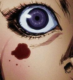 a close up of an anime eye with blood on the bottom part of its iris