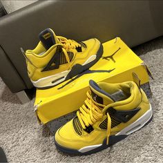 Gs Jordan 4 Lightning Air Jordan 4 With Contrast Sole For Sports, Sporty Air Jordan 4 With Contrast Sole, Sporty Air Jordan 4 With Rubber Sole, Casual Yellow Air Jordan 4 Sneakers, Fire Shoes, Jordan 4s, Shoes Jordan, Kids Jordans, Jordan Shoes