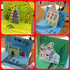 four different pictures of houses made out of paper and colored crayon pencils