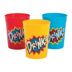 three plastic cups with the word drink printed on them, all in different colors and shapes