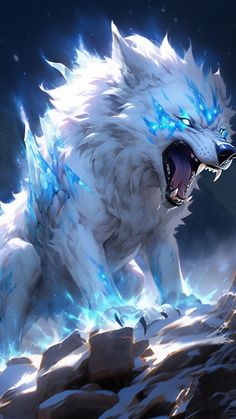 a white wolf with blue eyes and glowing teeth