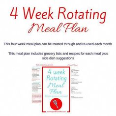 the four week rotating meal plan is shown in red and blue with text on it