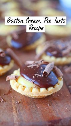 boston cream pie mini tarts on a cutting board