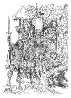 a black and white drawing of wizard's with their staffs in front of them