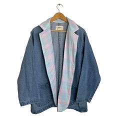 Style up in our comfy Oversized Retro Blazer! This upcycled denim jacket features 80s vintage fabric that details the collar from top to bottom. We are so in love with the boxy oversized fit of this one of a kind jacket! Hand crafted in San Diego. Size: Medium Measurements: 23" sleeve, 20" shoulder," 26" width, 29" length See our sizing page for our measurement guide. Care: Spot clean or dry clean. Upcycled Denim Jacket, Checkered Blazer, Upcycled Denim, So In Love, 80s Vintage, Vintage Fabric, San Diego, In Love, Denim Jacket