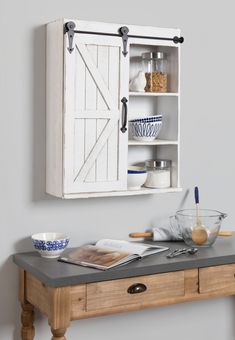 a kitchen counter with an open door on the wall above it and bowls in front of it