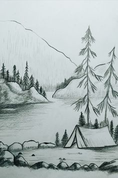 a pencil drawing of a tent in the woods near a lake with mountains behind it