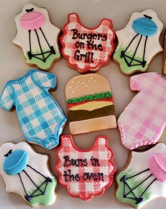 decorated cookies in the shape of hamburgers and hot dogs