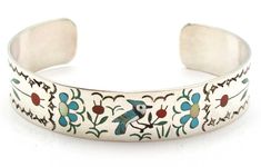 "Zuni bracelet by Sammy & Esther Gaurdian which reflect their high degree of skill in both lapidary and silversmithing. The bracelet features a turquoise oriole along with flowers and leaves all inlaid in exquisite fashion. Bracelet is 5.25"" from tip to tip, 1/2"" wide and will fit a wrist circumference of up to 6.5"". Variations occur from one bracelet to another. " Traditional Inlay Cuff Bangle Bracelet, Traditional Turquoise Engraved Bracelet, Traditional Engraved Turquoise Bracelets, Traditional Adjustable Inlay Bracelets, Traditional Inlay Bracelets As Gift, Traditional Inlay Bracelets Perfect For Gifts, Traditional Turquoise Bracelet With Inlay, Elegant Turquoise Bracelet With Inlay, Elegant Turquoise Inlay Bracelet