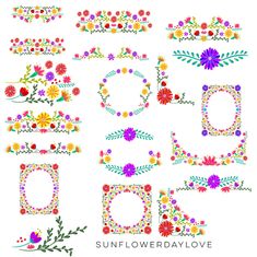 the sunflower day love logo is made up of flowers and letters, with different colors