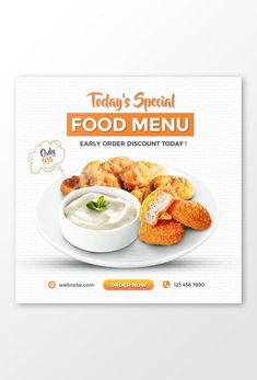 a flyer for a food menu with fried chicken and ranch sauce on the side,