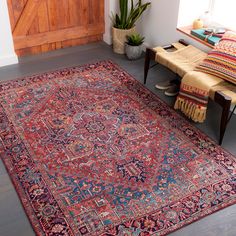 With a traditional Persian medallion pattern in beautifully vibrant tones, the Ferran collection will be a great addition to your home. Synthetic Rugs, Bedroom Area Rug, Bohemian Area Rugs, Red Area Rug, Traditional Area Rugs, Online Home Decor Stores, Red Rugs, Indore, Antique Rugs