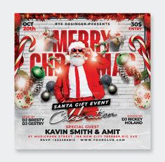 merry christmas flyer template with santa clause on the front and back cover, in red