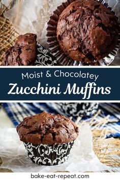 two chocolate muffins sitting on top of each other with the title overlay