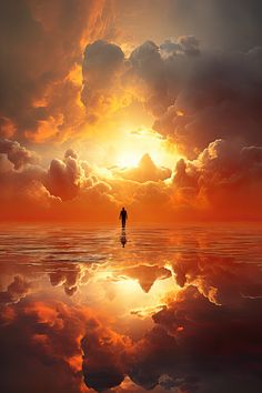 a person standing in the middle of a body of water under a cloudy sky at sunset