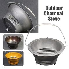 an outdoor charcoal stove is shown with three different colors and sizes to choose from, including the