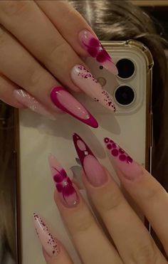 #stilettonails #naildesign #nailart #flowernails #almond #almondshapenails Pink Base Almond Nails, Pink Sharp Almond Nails, Long Almond Nails Inspo Aesthetic, Pointy Almond Nails Long, Pointed Almond Acrylic Nails, Sharp Almond Nails Design, Almond Freestyle Nails, Holiday Almond Nails Winter, Pointy Almond Nails Designs