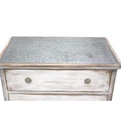 an old white wooden chest with two drawers and one drawer on the bottom, against a white background