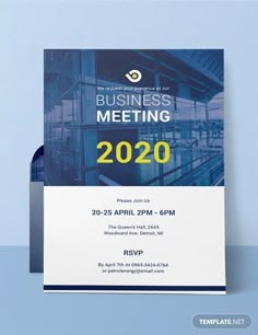 a blue and white business meeting flyer