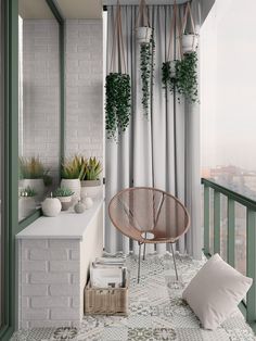 the balcony is decorated with potted plants and decorative accessories, including a wicker chair