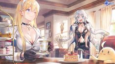 two anime characters standing in front of a table with cake and tea cups on it