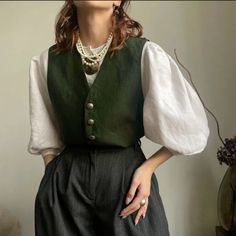 80s Preppy Outfits, Tabard Outfit, Picky Blinders Woman Outfit, Green Pirate Outfit, Green Outfit Classy, Green Vest Outfits For Women, Pirate Core Outfits, Vest Dress Outfit, Green Vest Outfit