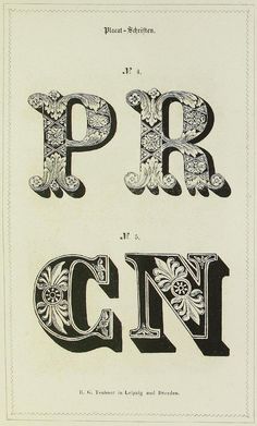 the letters p and c are made up of floral designs on white paper with black ink