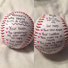 two baseballs with words written on them sitting on a white sheet that says, reason you're such a catch and your laugh