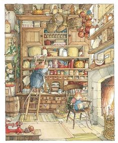 a painting of a kitchen with an oven and shelves full of food, including teddy bears