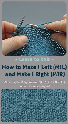 someone is crocheting the stitchs on a blue knitted blanket with text overlay that reads learn to knit how to make left m1 and make 1 right