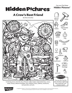 the hidden pictures coloring book is shown in black and white, with an image of a scare