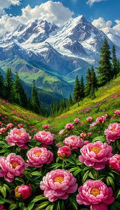 a painting of pink flowers and mountains in the background