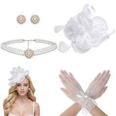 PRICES MAY VARY. 1920s Fascinators Hat Set for Women: Tea party accessories for women set includes a white flower tea party hats for women, a pair of white lace gloves, a faux pearl necklace, a pair of faux pearl earrings, a headband and a clip. This exquisite tea party woman's set can enhance your temperament, help you be more elegant and beautiful in the tea party, and easily get the attention of others. Premium Materials: Crafted with care, the white fascinators hats for women tea party is ma Tea Party Hats For Women, Flower Tea Party, Tea Party Gloves, Pearl Earrings And Necklace, Fascinators Hats, Be More Elegant, Women Tea Party, White Lace Gloves, Party Gloves