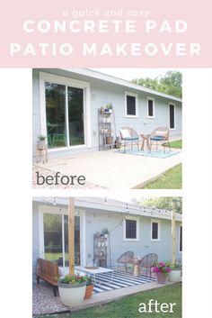 the before and after of a patio makeover