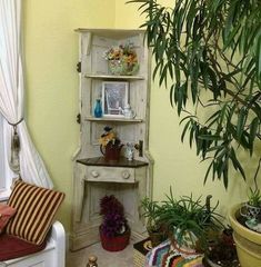 the corner of a room with plants and other things in it, including a potted plant