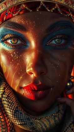 a woman with blue and orange makeup is shown in this artistic photo, she has her face painted like a snake