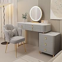 a bedroom scene with focus on the dressing table and chair, as well as an oval mirror