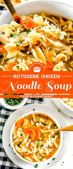 a bowl of rotissee chicken noodle soup on a checkered table cloth