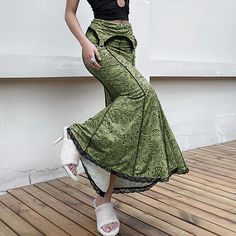 Women's Skirt 2024 Spring Fashion Lace Spliced High Waist Fishtail Skirt Sexy Slim Fit Hip Wrap Low Waisted Skirt, Elegant Midi Skirt, Dots Clothing, Steampunk Skirt, Green Maxi Skirt, Tulle Long Skirt, Fishtail Skirt, Green Maxi, Floral Maxi Skirt