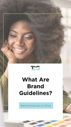 a woman sitting at a table with her hand on her chin and the words what are brand guidelines?