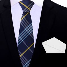 Master the Art of Elegance: Dark Blue, Light Blue, and Yellow Plaid Necktie In the realm of men's accessories, a necktie stands as the epitome of refinement, offering a canvas for creativity and style. Our latest addition to the collection, the Dark Blue, Light Blue, and Yellow Plaid Necktie, is a symphony of colors and patterns. Crafted with precision and woven with sophistication, this necktie is a testament to the art of elegance. Join us as we unravel the intricacies of this classic piece, e Dapper Blue Business Ties, Blue Tie With Pocket Square For Father's Day, Blue Ties With Pocket Square For Father's Day, Blue Tie For Black Tie Event And Father's Day, Blue Tie With Pocket Square For Business, Blue Ties With Pocket Square For Business, Blue Ties With Pocket Square For Office, Blue Classic Ties For Father's Day, Classic Blue Ties For Father's Day