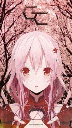 an anime character with pink hair standing in front of trees