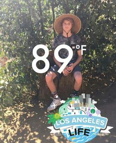 a young boy sitting on top of a tree stump wearing a hat and sunglasses with the words 89 off